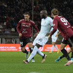 REGGIO CALABRIA, ITALY - DECEMBER 22: Romelu Lukaku, Daniele Liotti and Riccardo Gagliolo in action during the friendly match between Reggina and Inter at Stadio Oreste Granillo, On December 22, 2022 in Naples, Italy.